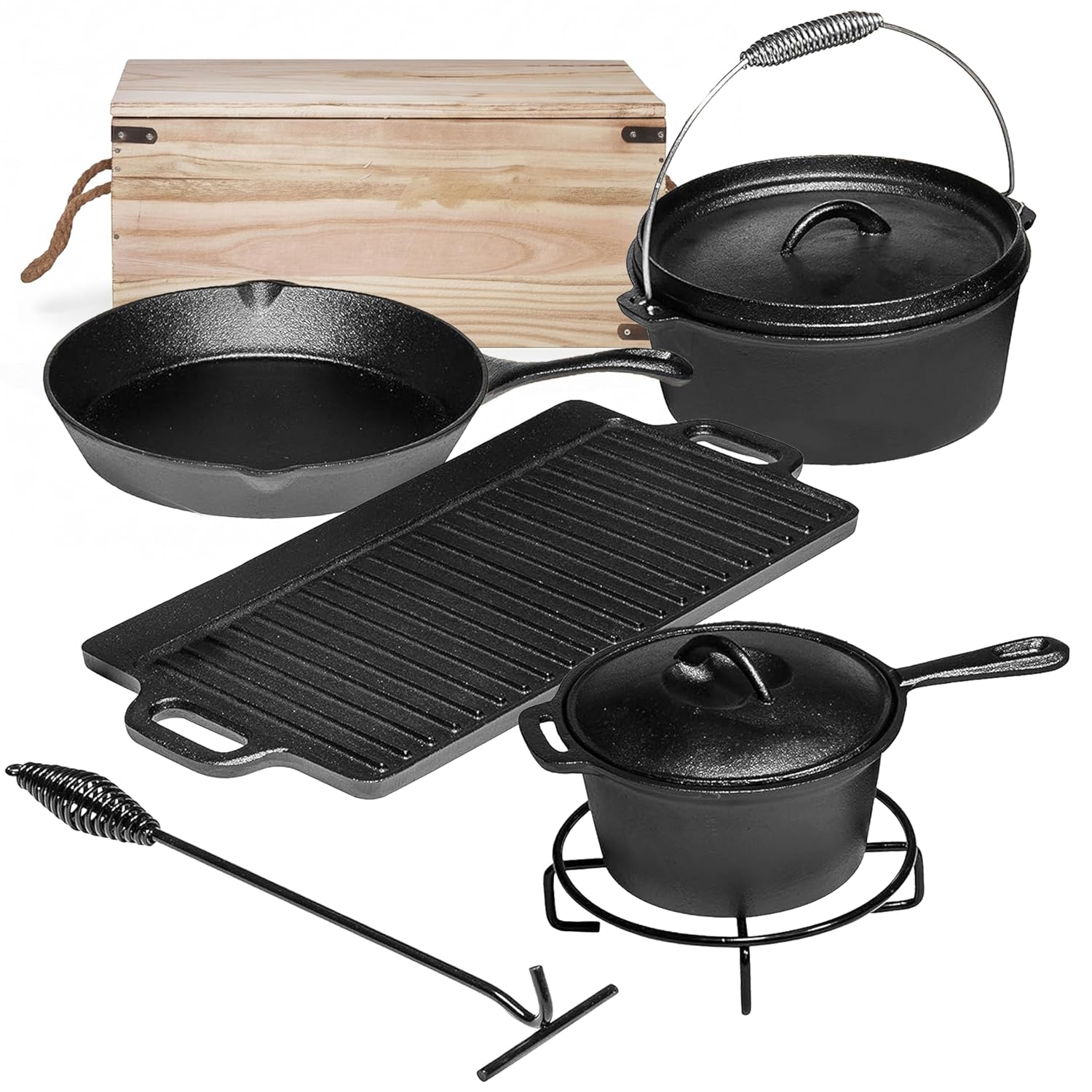 Camp Dutch Oven Cast - Camping kookset van 7 delen. Voorgekruide