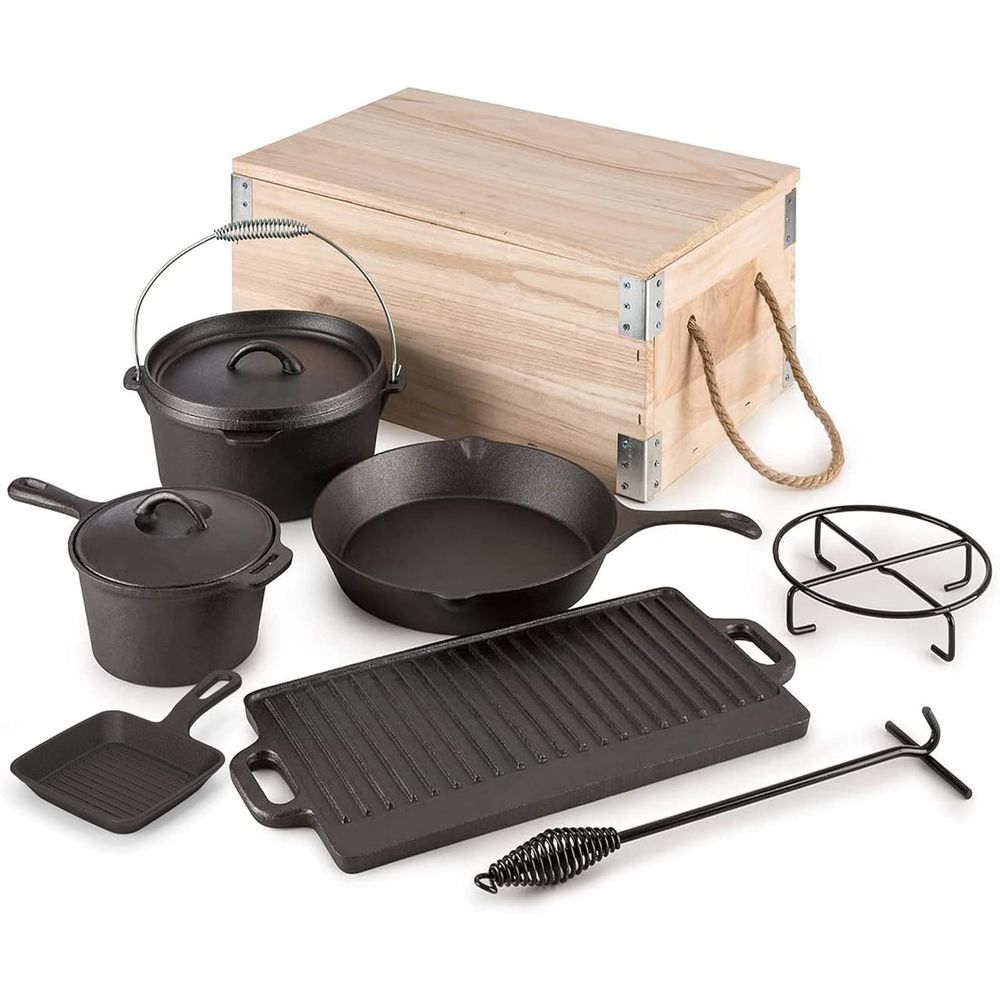 8-delige voorgekruide gietijze - Vintage Camping Cooking Set recensie en prijs